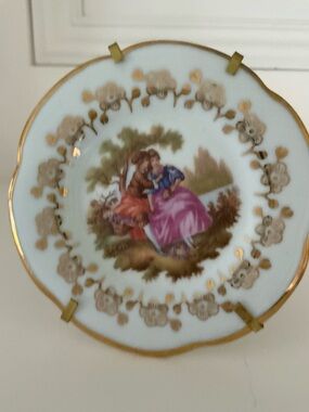 Decorative Limoges Miniature Porcelain Plate with Romantic Scene and Gold Trim